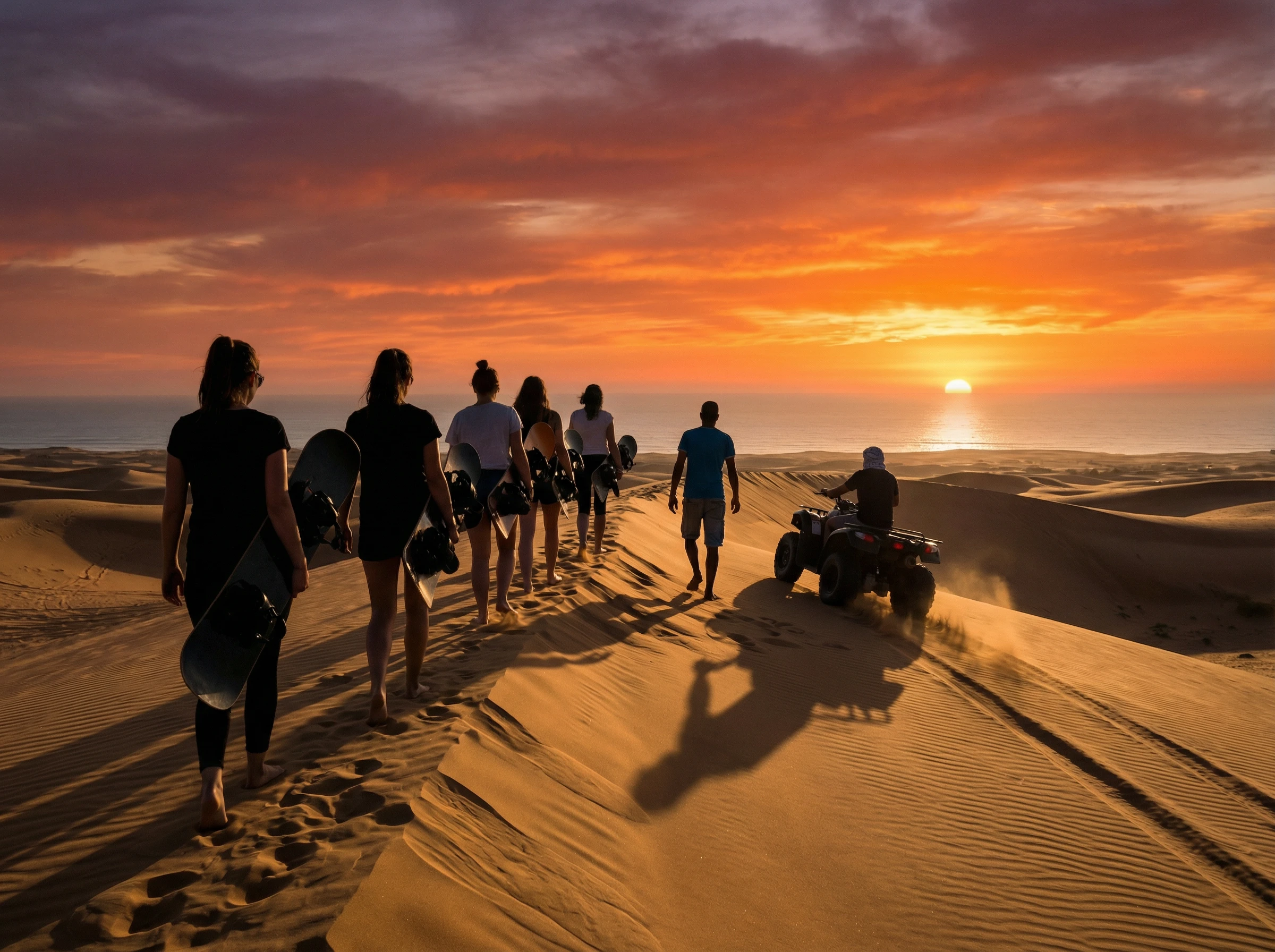 Sand surfing down massive sand dunes near Agadir, Morocco